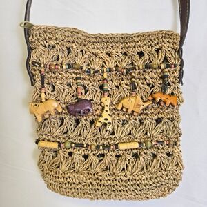 Cappelli Straworld Beaded Wooden Safari Animal Straw Crossbody Bag, 8"x8.5"